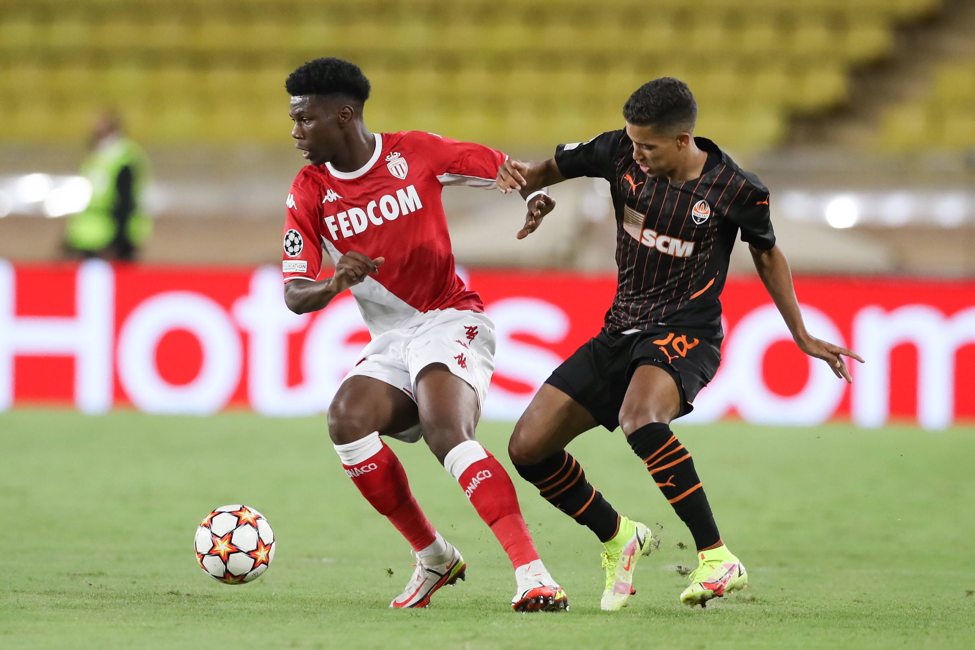 Aurelien Tchouameni of AS Monaco and Pedrinho of FC Shakhtar Donetsk