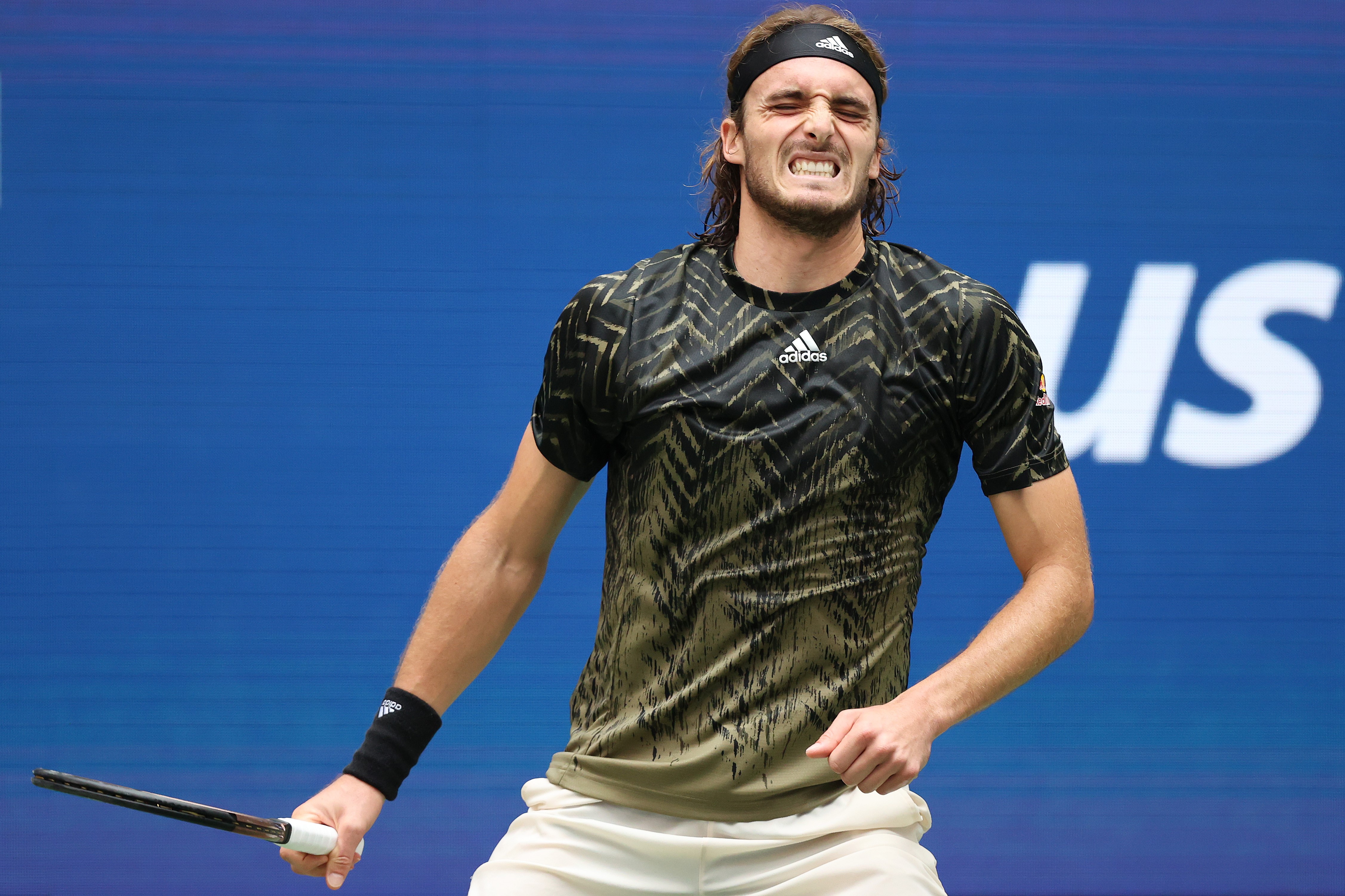 Stefanos Tsitsipas of Greece reacts after a lost point against Carlos Alcaraz of Spain during his Men's Singles third round match on Day Five at USTA Billie Jean King National Tennis Center on September 03, 2021 in New York City