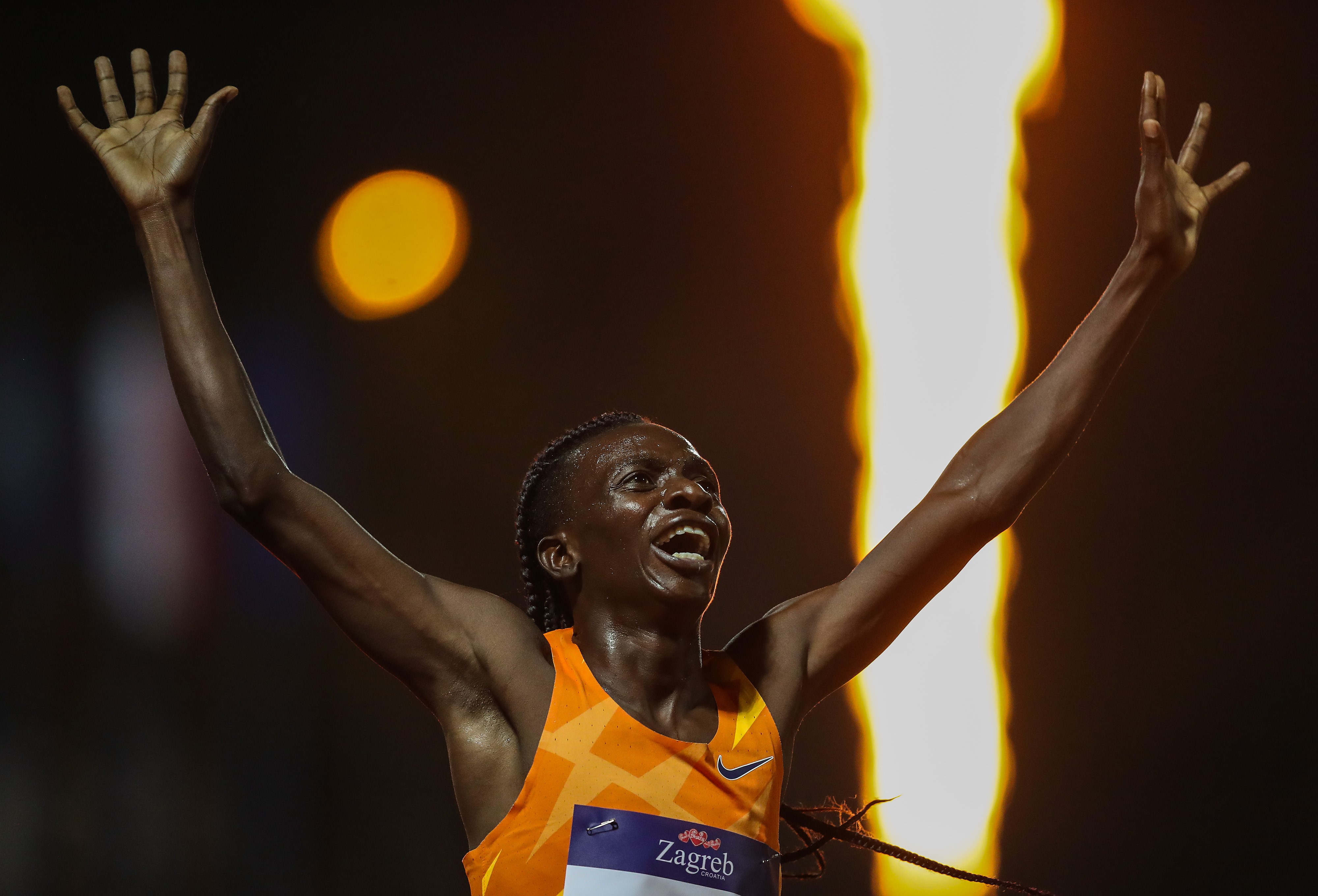 Francine Niyonsaba of Burundi celebrates winning the women's 2000m race during IAAF World Challenge Zagreb 2021 - 71st Boris Hanzekovic Memorial at University park