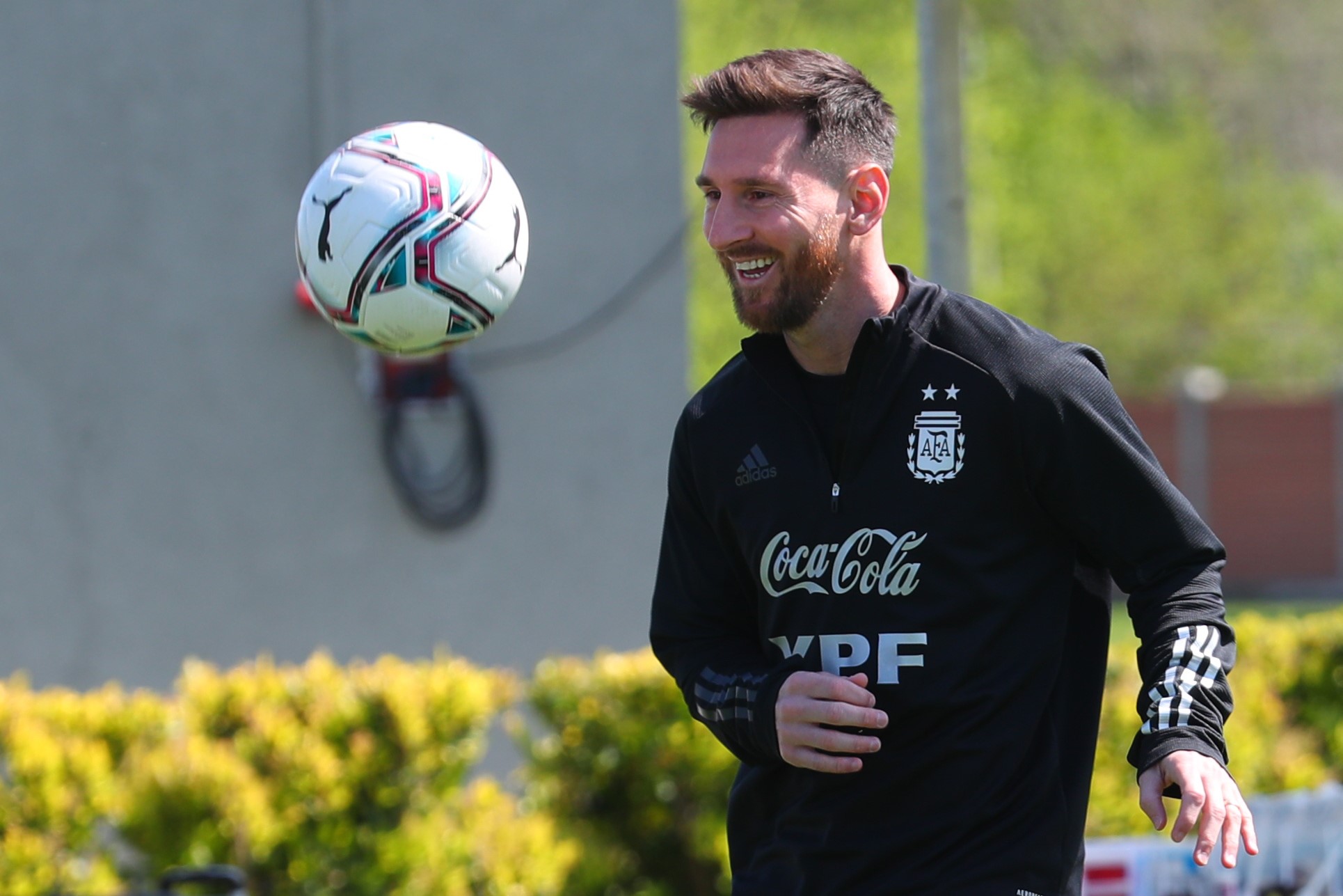 Lionel Messi controls the ball during an Argentina training session at Julio H. Grondona Training Camp o