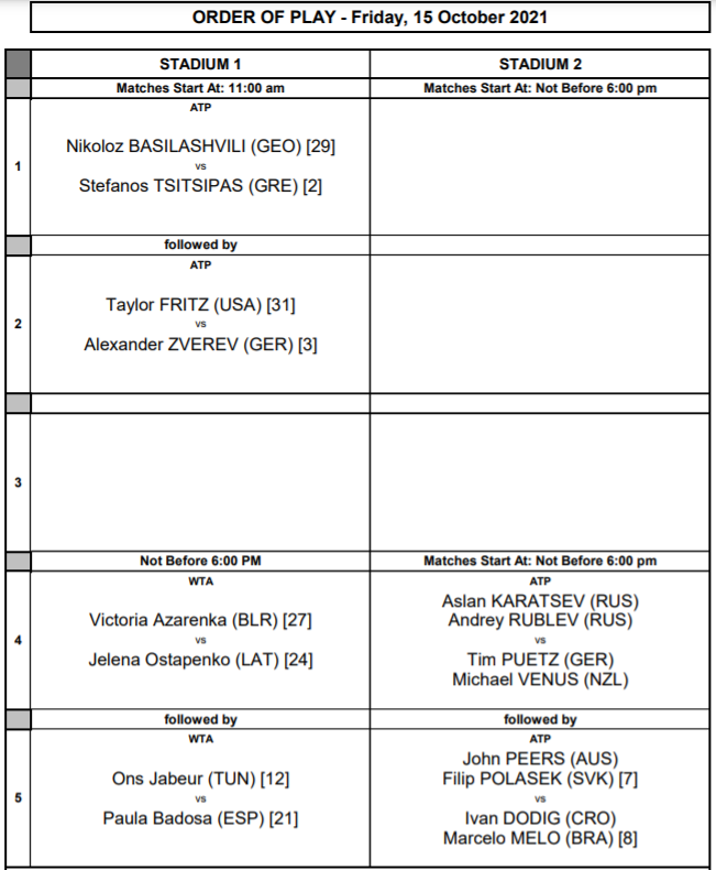 Indian Wells - order of play 15 ottobre