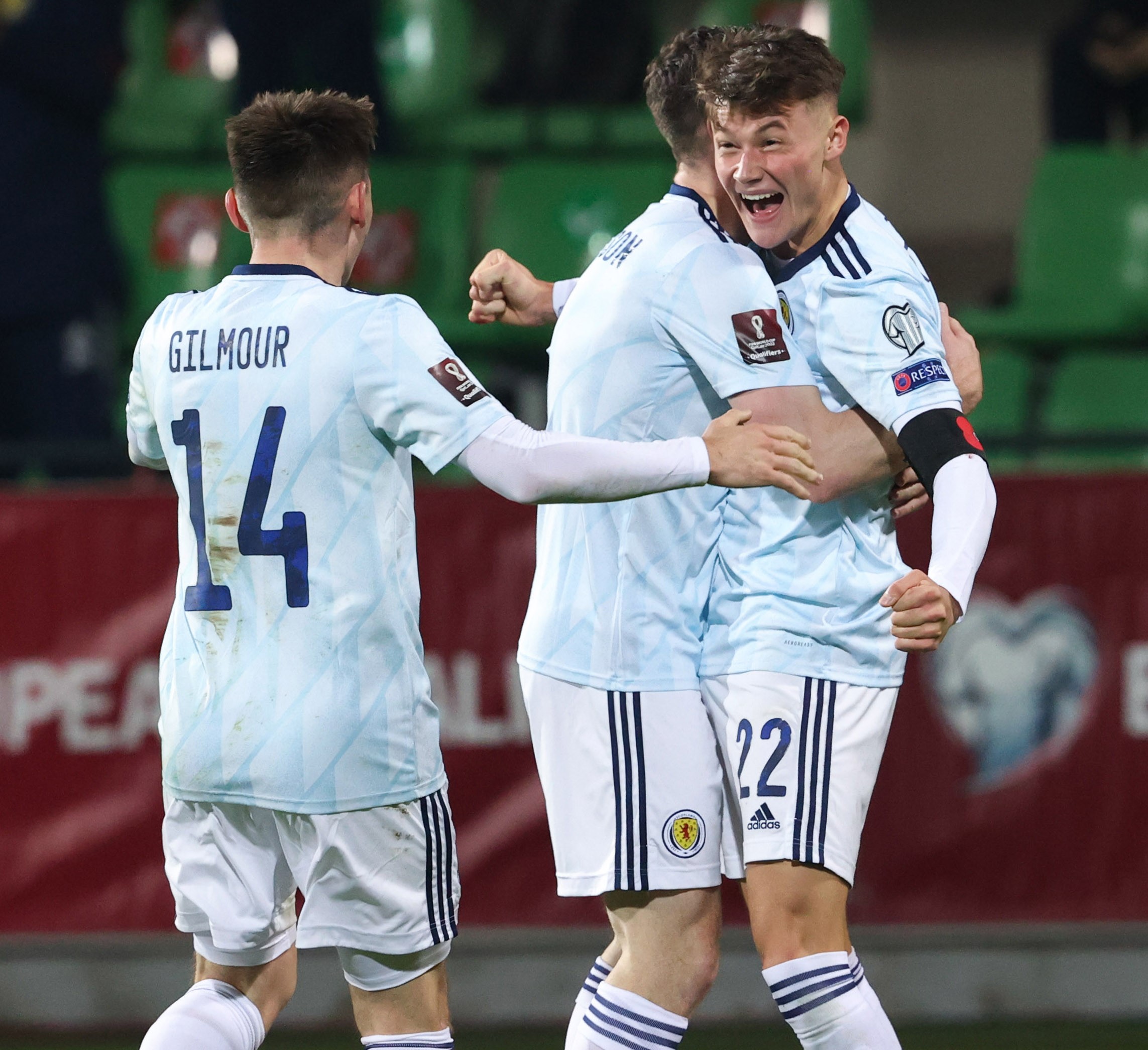 Scotland's Nathan Patterson (R) celebrates scoring to make it 1-0 during a FIFA World Cup Qualifier between Moldova and Scotland at the Zimbru Stadium, on November 12, 2021, in Chisinau, Moldova