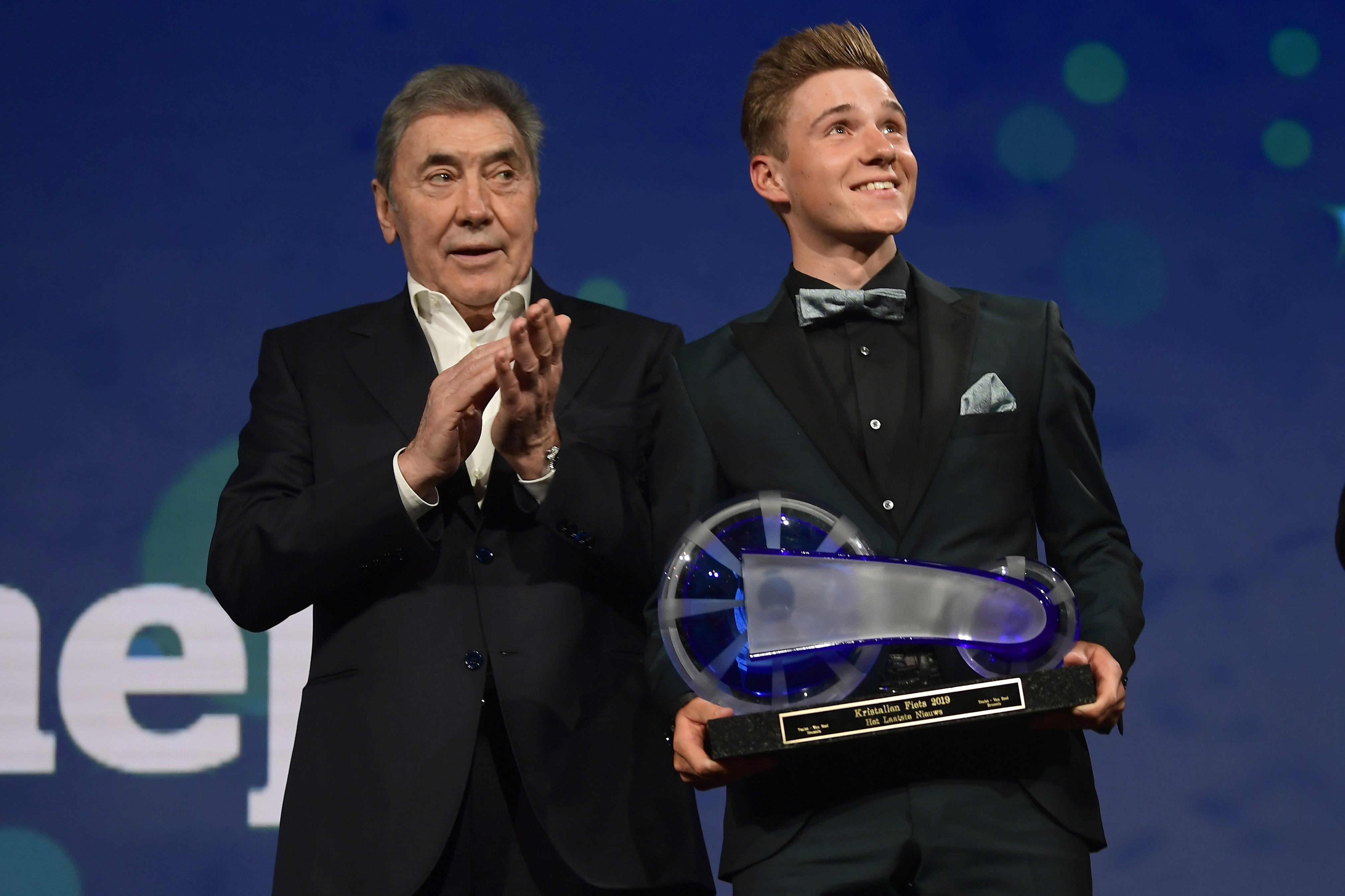 Eddy Merckx hands out the Kristallen Fiets Trophy to Remco Evenepoel during the annual trophy named De Kristallen Fiets by the newspaper Het Laatste Nieuws for the best cyclist 2019 at the VTM studio CYCLISME : Trophee Cristal VŽlo 2019 - Het Laatste Nieu