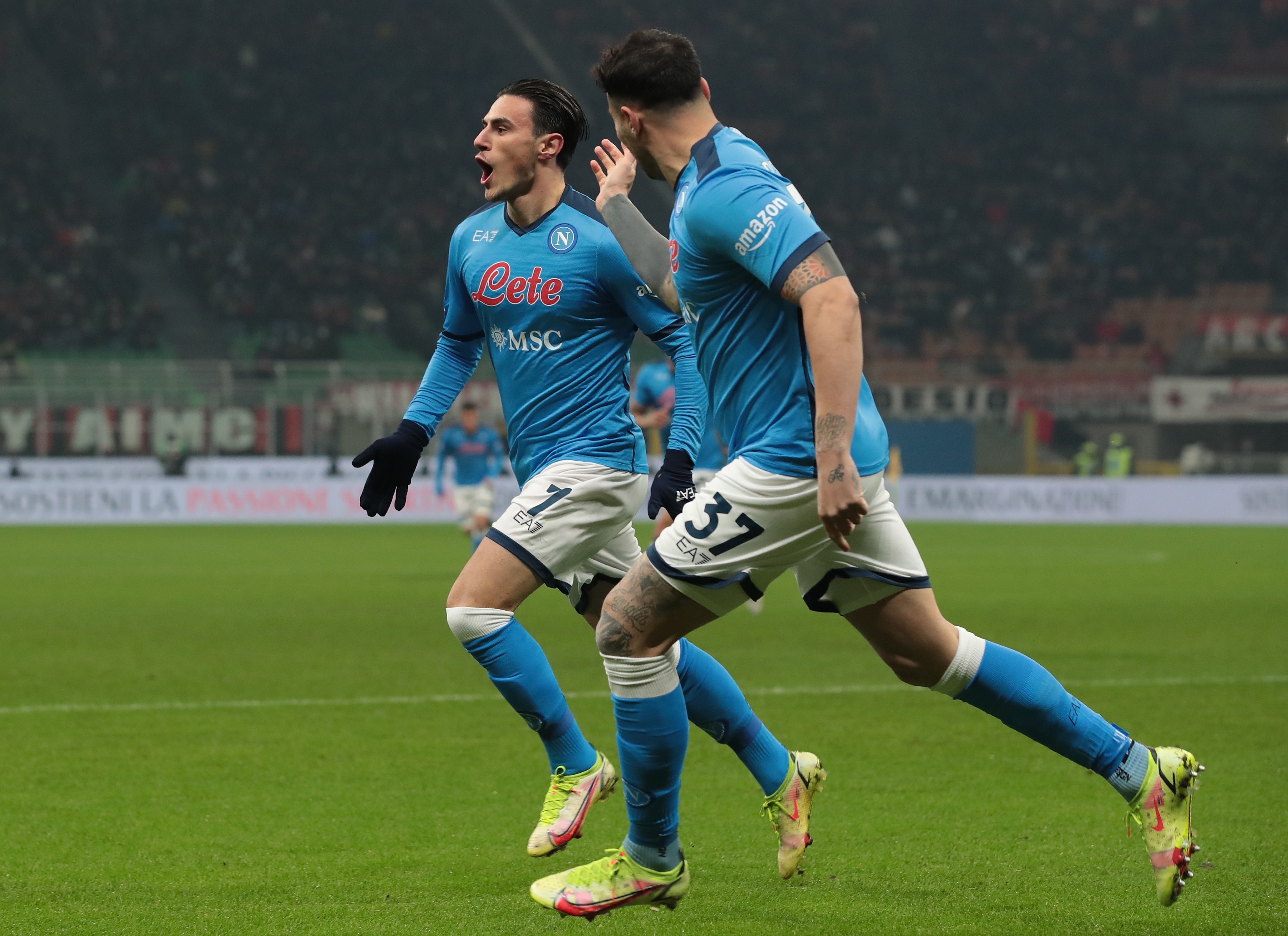 Eljif Elmas of SSC Napoli celebrates after scoring the opening goal during the Serie A match between AC Milan and SSC Napoli at Stadio Giuseppe Meazza on December 19, 2021 in Milan, Italy. (Photo by Emilio Andreoli/Getty Images)