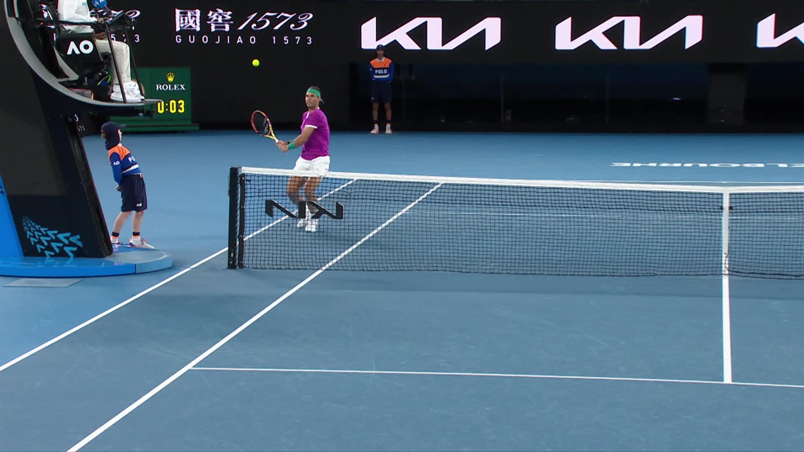 Look out! Ball boy has to get out of way as Rafael Nadal slams winner