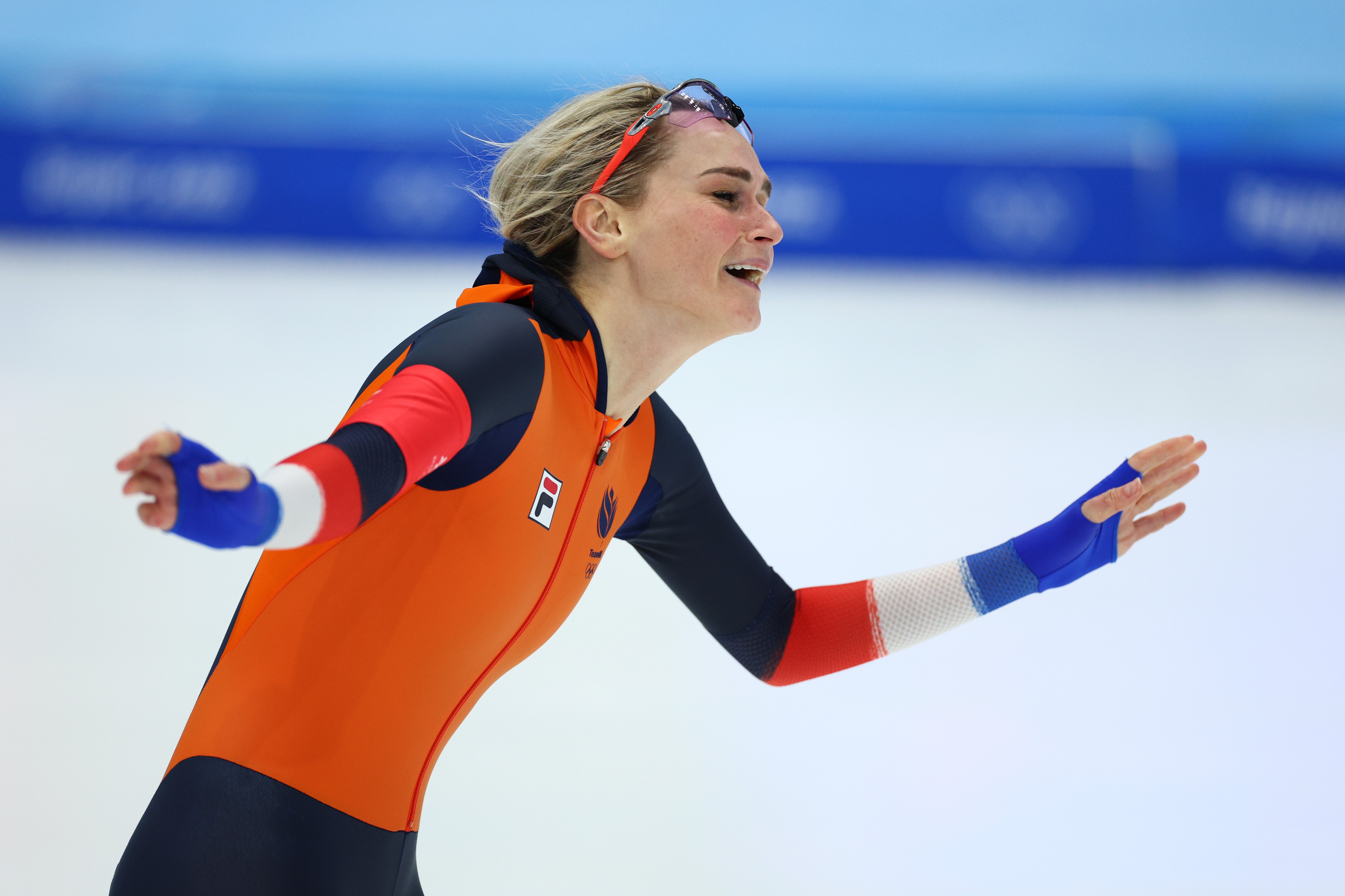 Irene Schouten of Team Netherlands celebrates after winning the Women's 3000m on day one of the Beijing 2022 Winter Olympic Games at National Speed Skating Oval on February 05, 2022 in Beijing, China