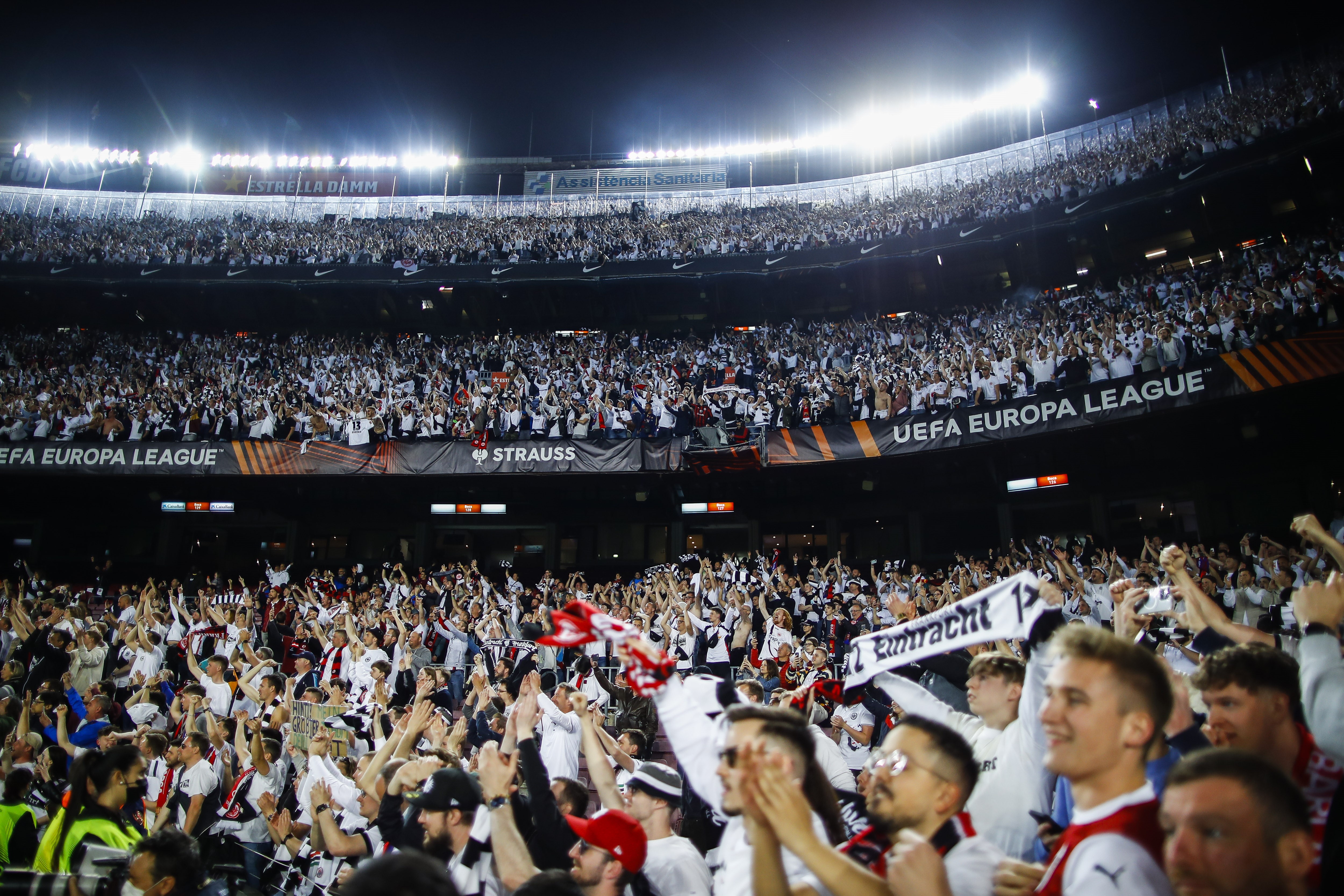 Eintracht Frankfurt fans celebrates the victory during the second leg quarter finals of Europa League match between FC Barcelona and Eintracht Frankfurt at Camp Nou Stadium on April 14, 2022 in Barcelona, Spain. (Photo by Xavier Bonilla/NurPhoto via Getty