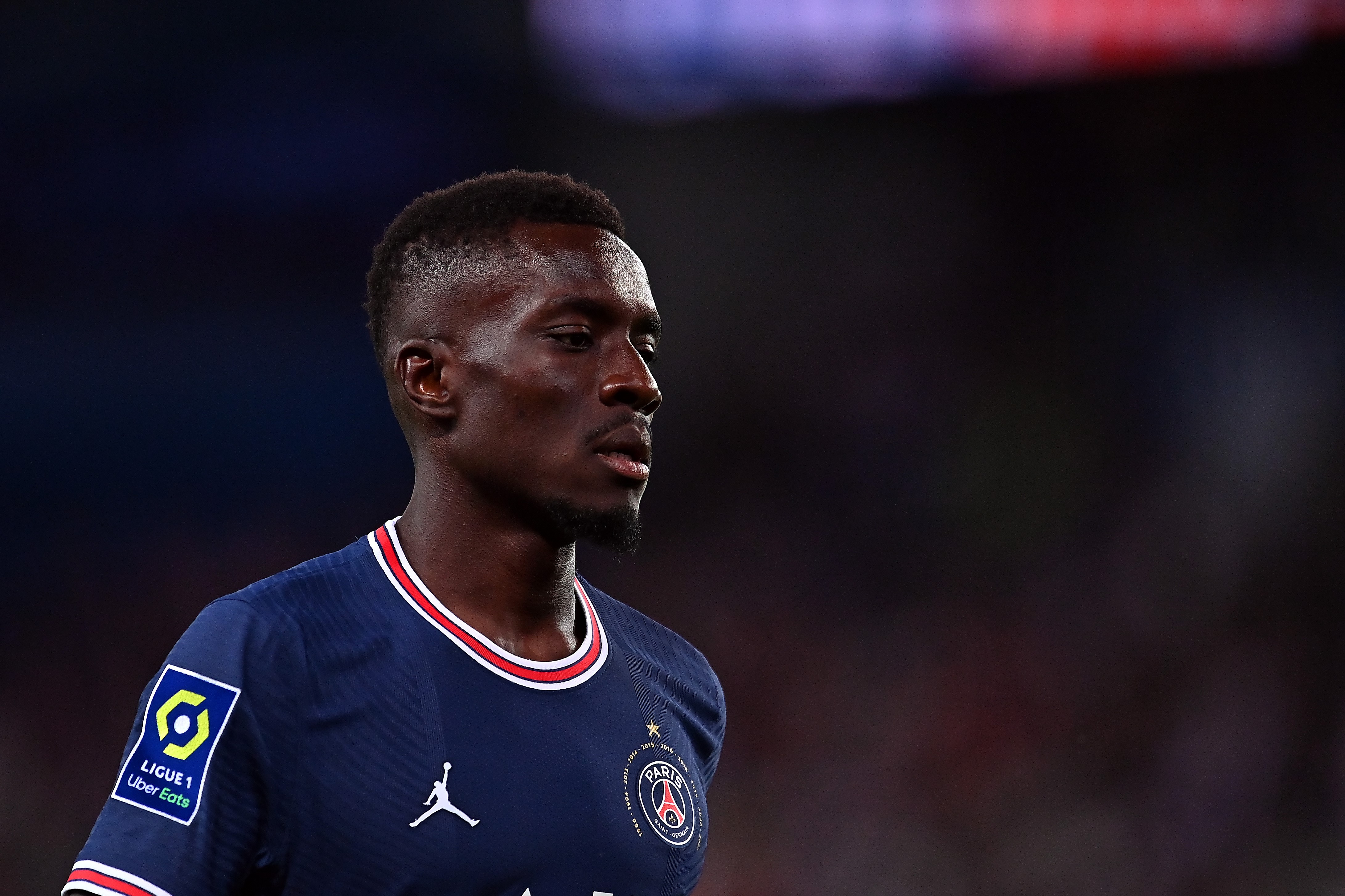 Gana Gueye of Paris Saint-Germain looks on during the Ligue 1 Uber Eats match between Paris Saint Germain and ESTAC Troyes at Parc des Princes on May 08, 2022 in Paris, France.