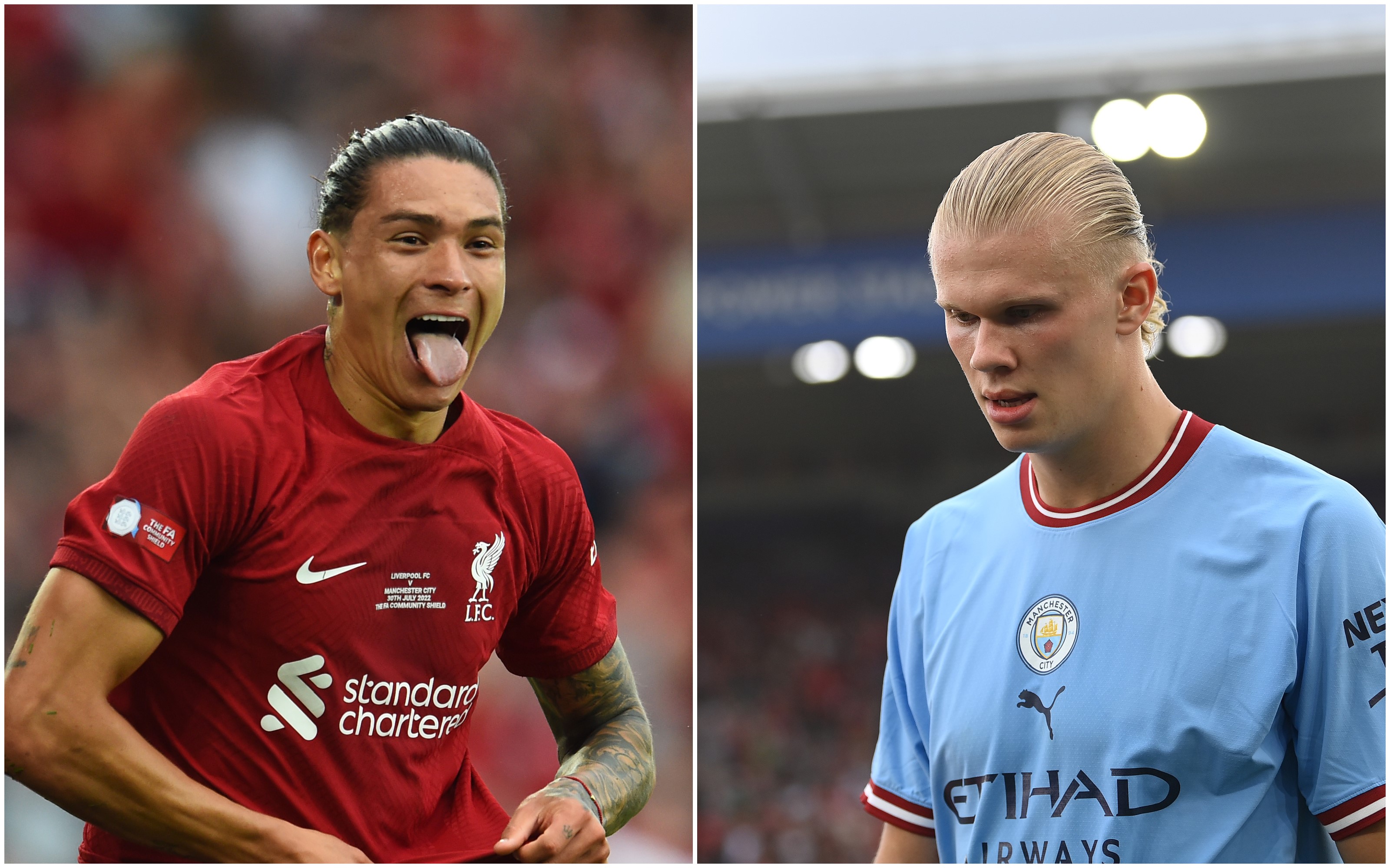 Darwin Nunez (Liverpool) et Erling Haaland (Manchester City) durant le Community Shield, le 30 juillet 2022