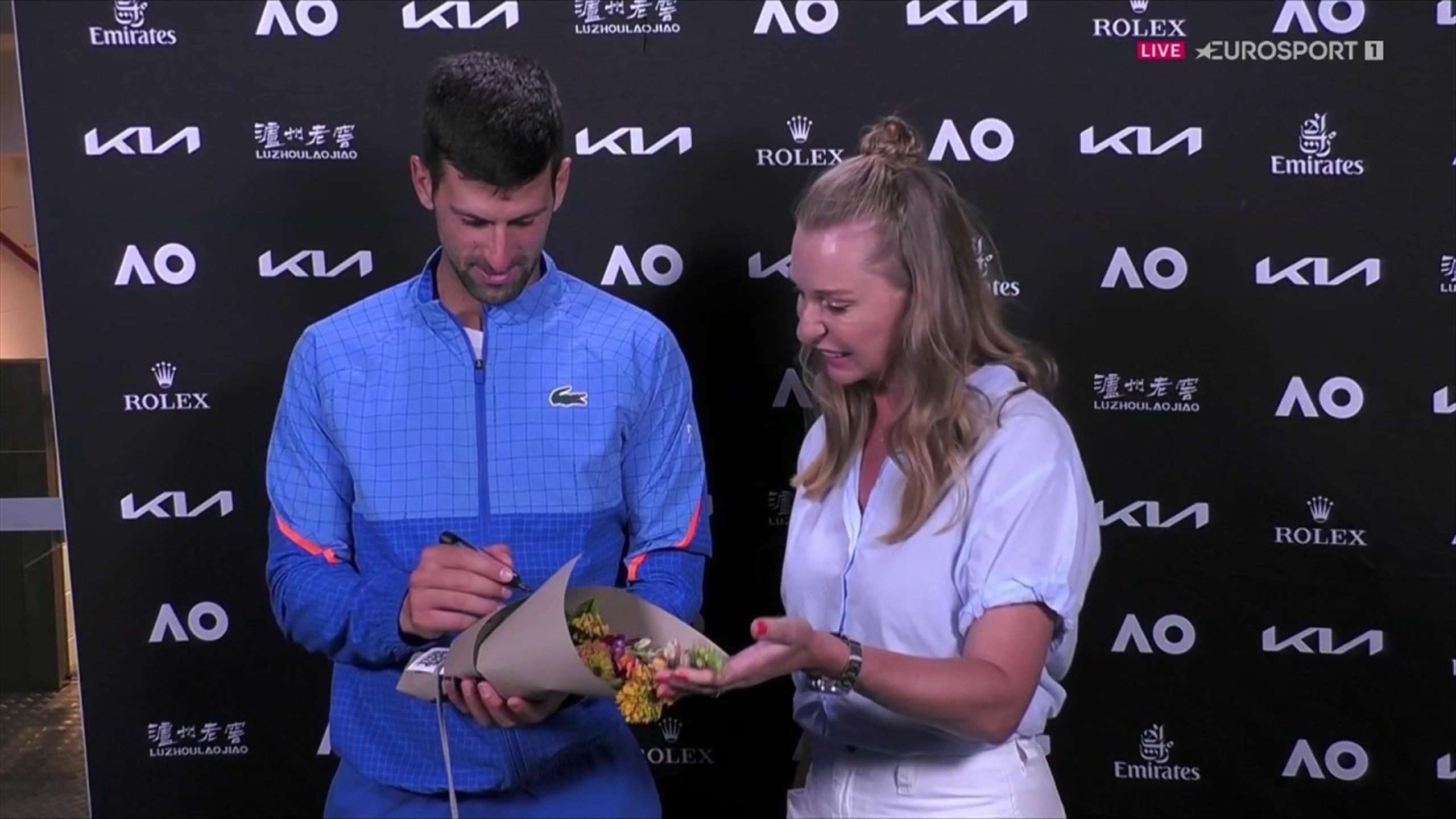 'I'm thrilled!' Novak Djokovic gives flowers to Eurosport's Barbara