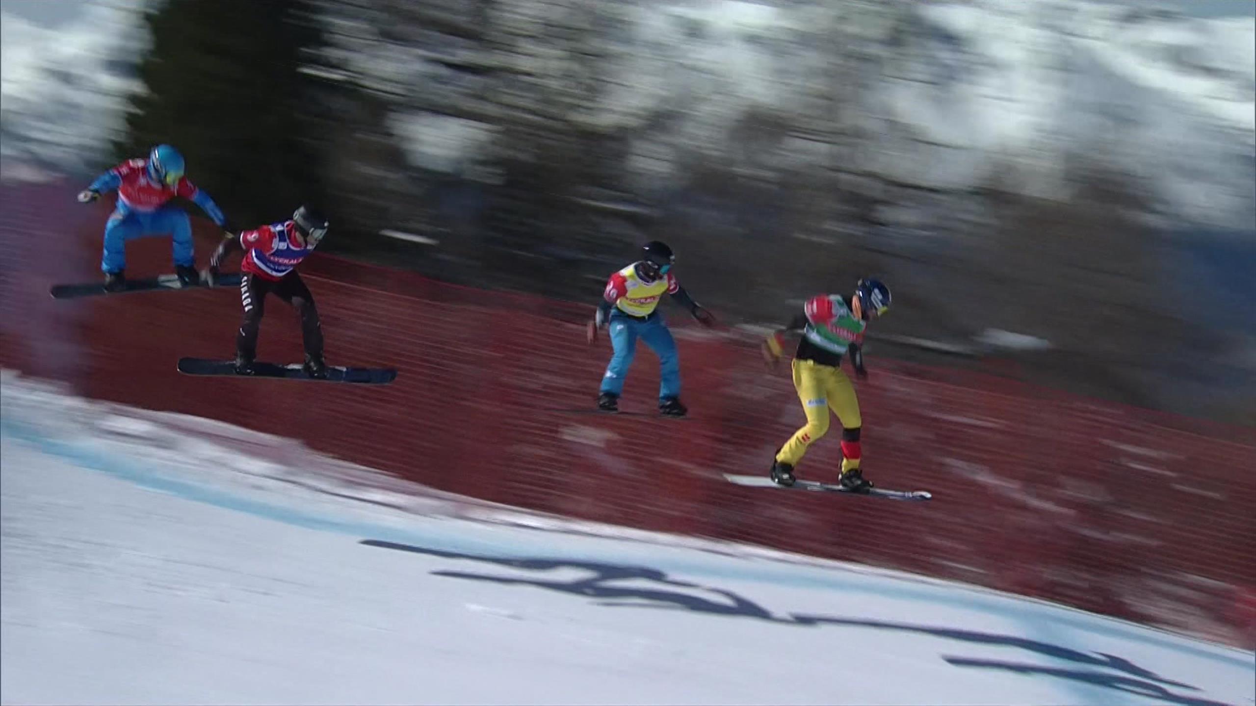 ‘The German team celebrate’ Martin Noerl takes Snowboard Cross World Cup win in Veysonnaz
