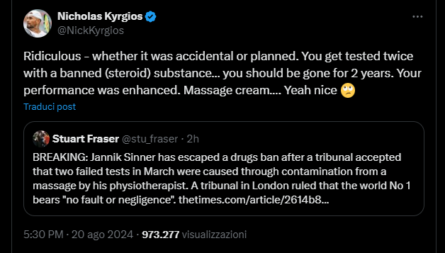 Nick Kyrgios contro Sinner