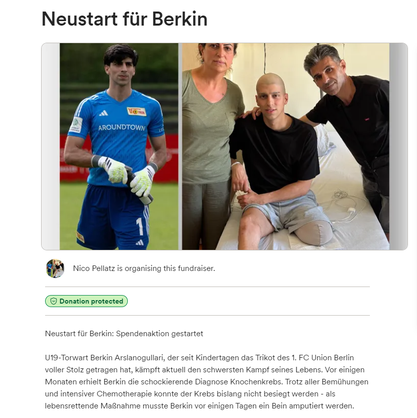 Fundraiser für U19-Torwart Berkin Arslanogullari von Union Berlin