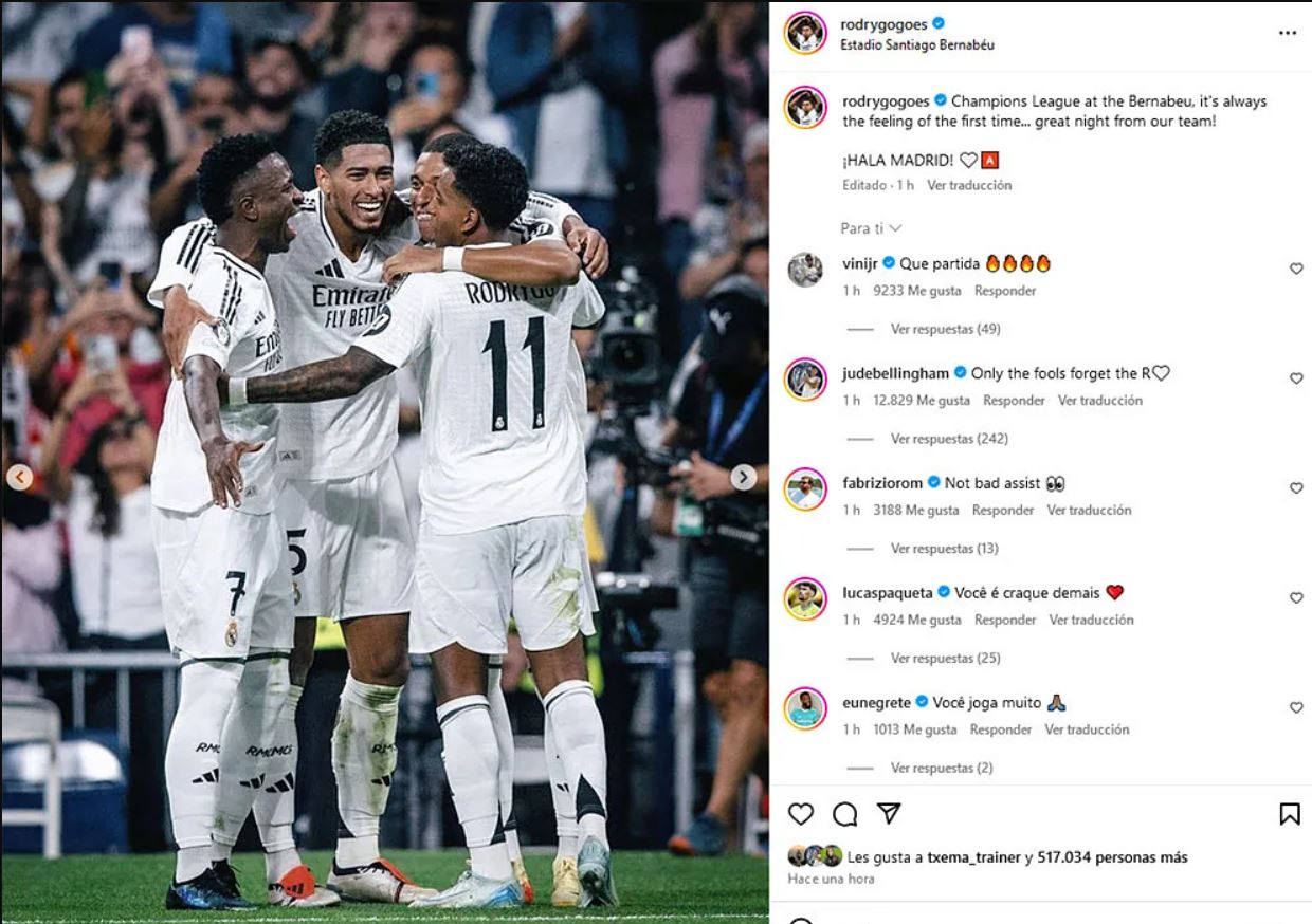 postarea lui Rodrygo și comentariile lui Vinicius și Bellingham