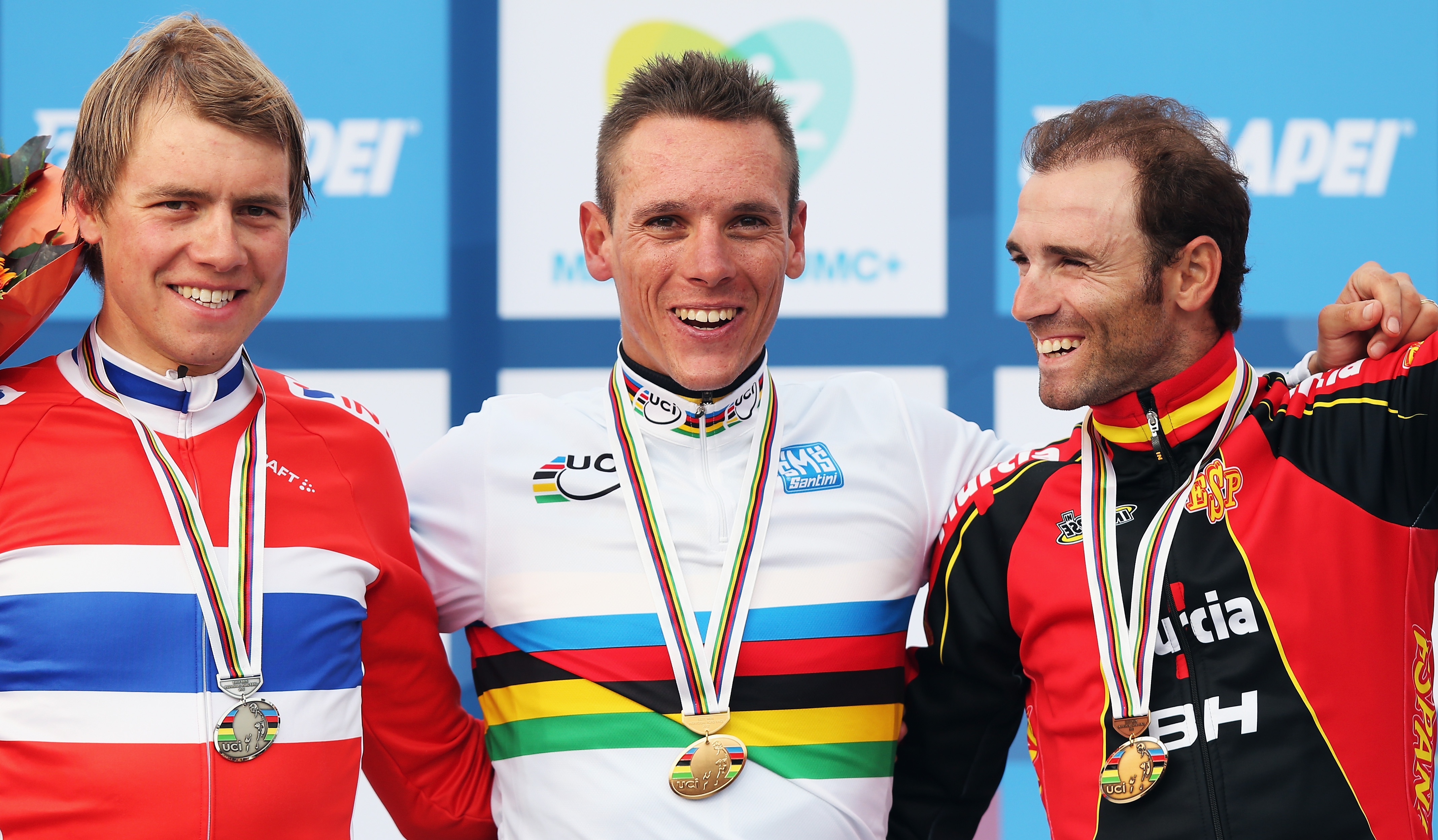 Edvald Boasson Hagen, Weltmeister Philippe Gilbert und Alejandro Valverde auf dem WM-Podium 2012