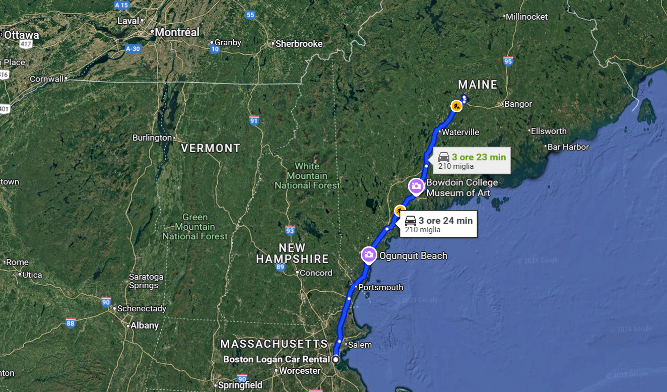 Il percorso da Boston a Newport (Google Maps)