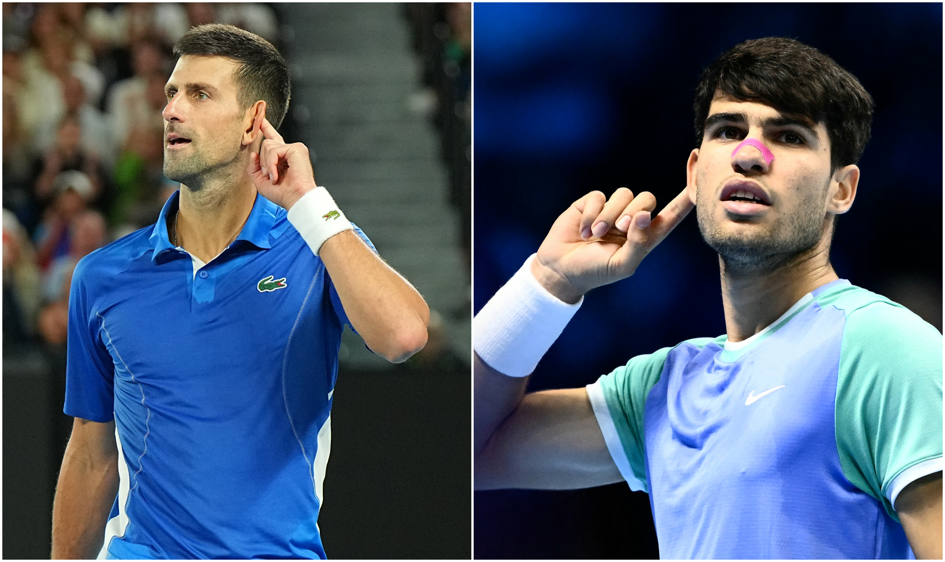 Djokovic și Alcaraz ducându-și degetul la ureche