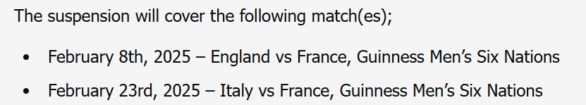 La suspension de Ntamack, au 11/02/2025, via https://media.sixnationsrugby.com/