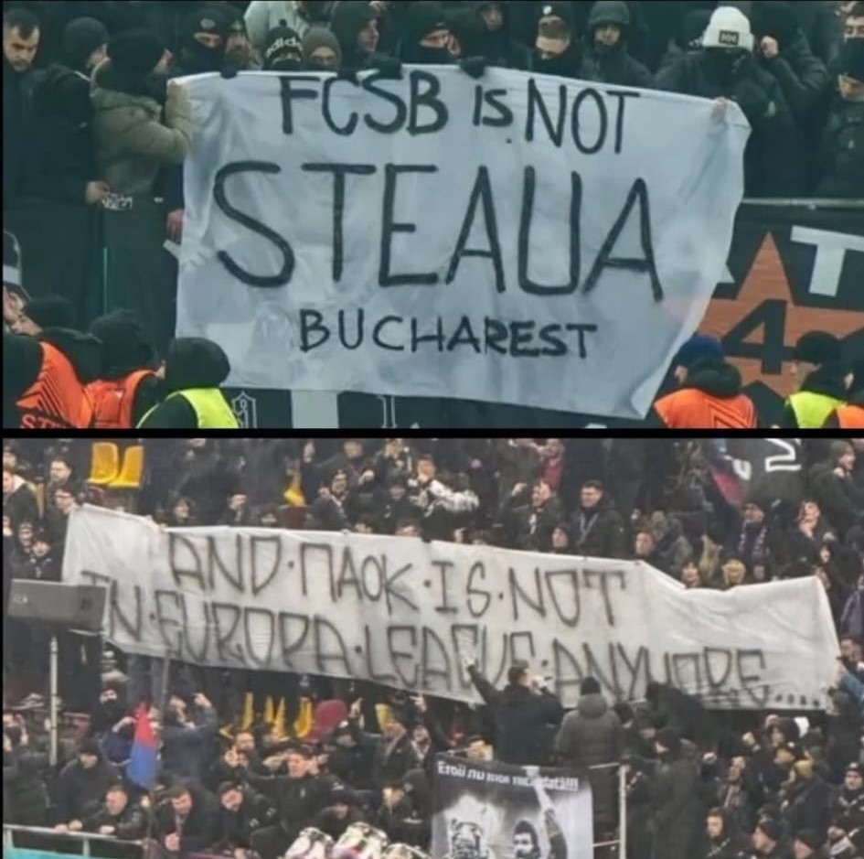 Contra-mesajul FCSB la bannerul fanilor lui PAOK "FCSB is not Steaua"