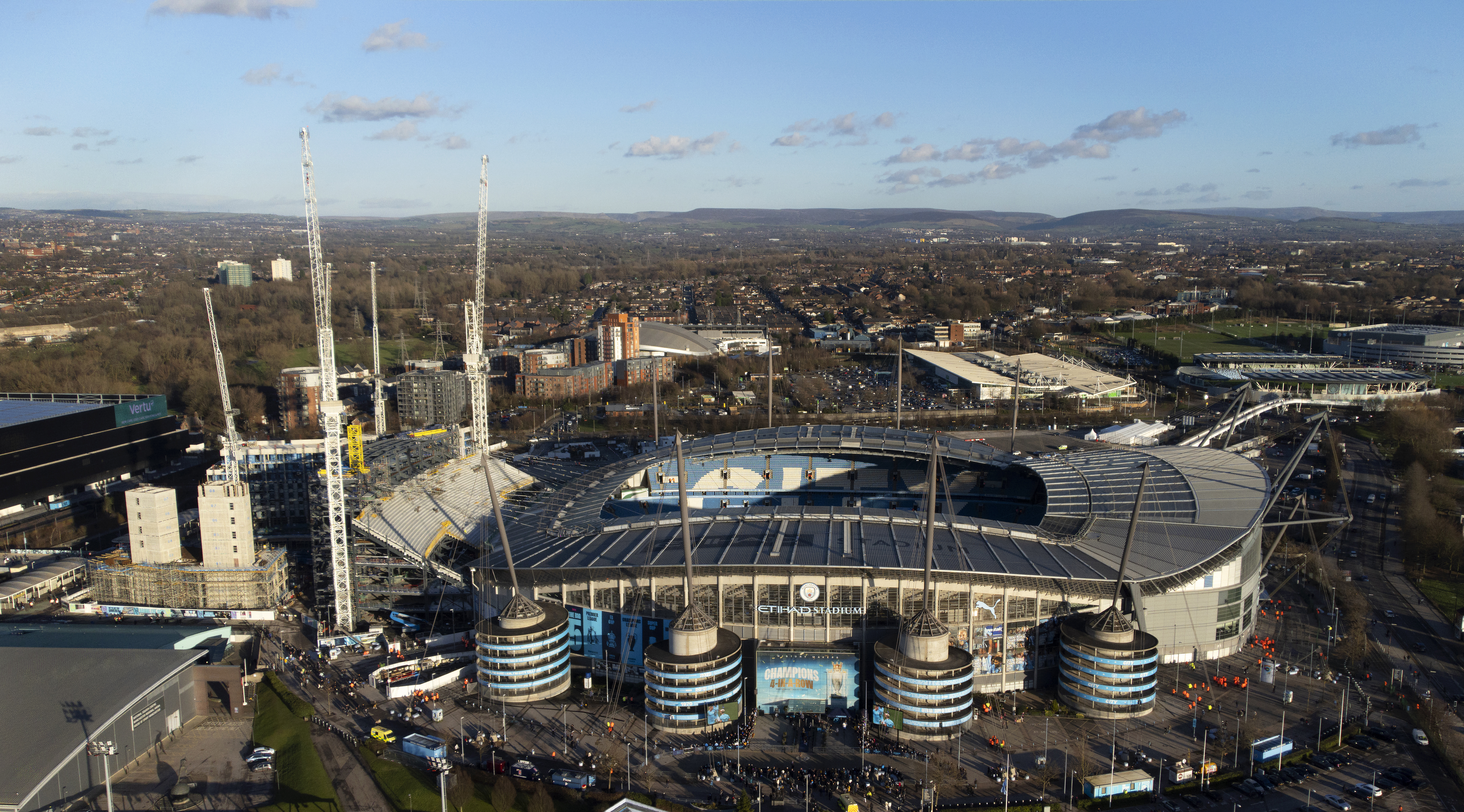 An aerial view of building works at the Etihad Stadium the home of Manchester City prior to the Premier League match between Manchester City FC and Chelsea FC at Etihad Stadium on January 25, 2025.