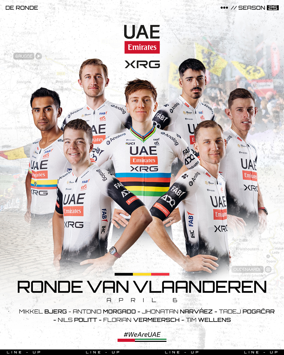 Los siete hombres que UAE Team Emirates-XRG alineará en el Tour de Flandes 2025, con Tadej Pogacar al frente.