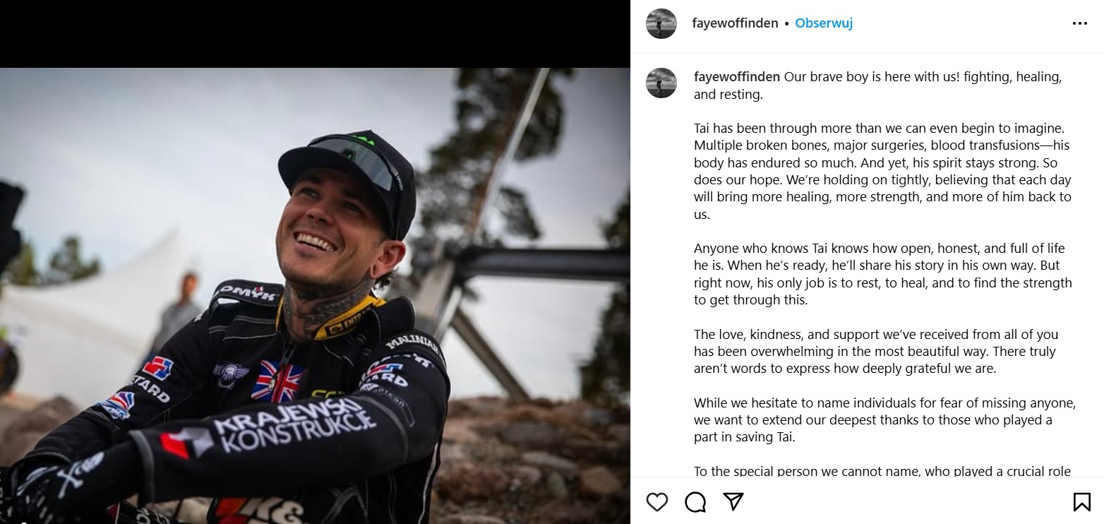 Faye Woffinden opublikowała post ws. męża Taia Woffindena