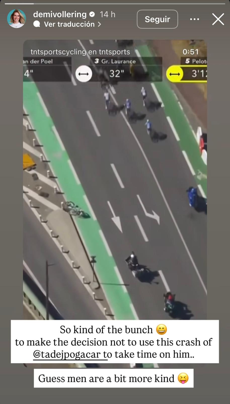 El mensaje de Demi Vollering en su Instagram tras ver la caída de Tadej Pogacar en la 11ª etapa del Tour de Francia 2025.