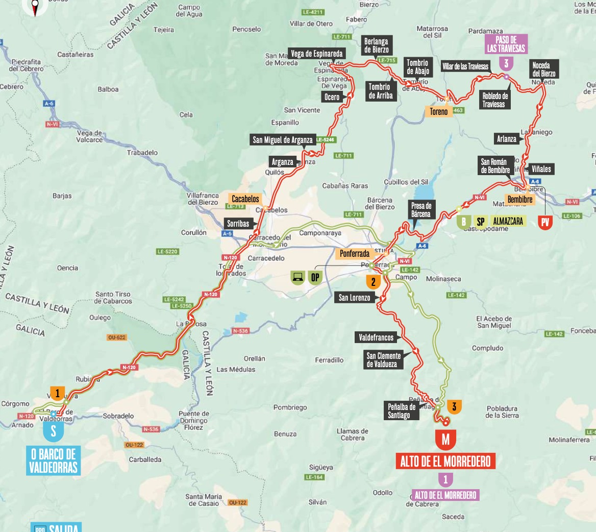 El mapa de la 17ª etapa de La Vuelta 2025. Abajo a la izquierda se puede leer 'Las Médulas', a pocos kilómetros en línea recta del recorrido.