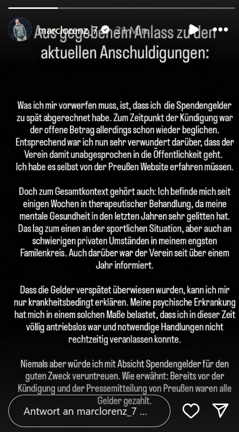 Marc Lorenz veröffentlichte ein Statement auf Instagram