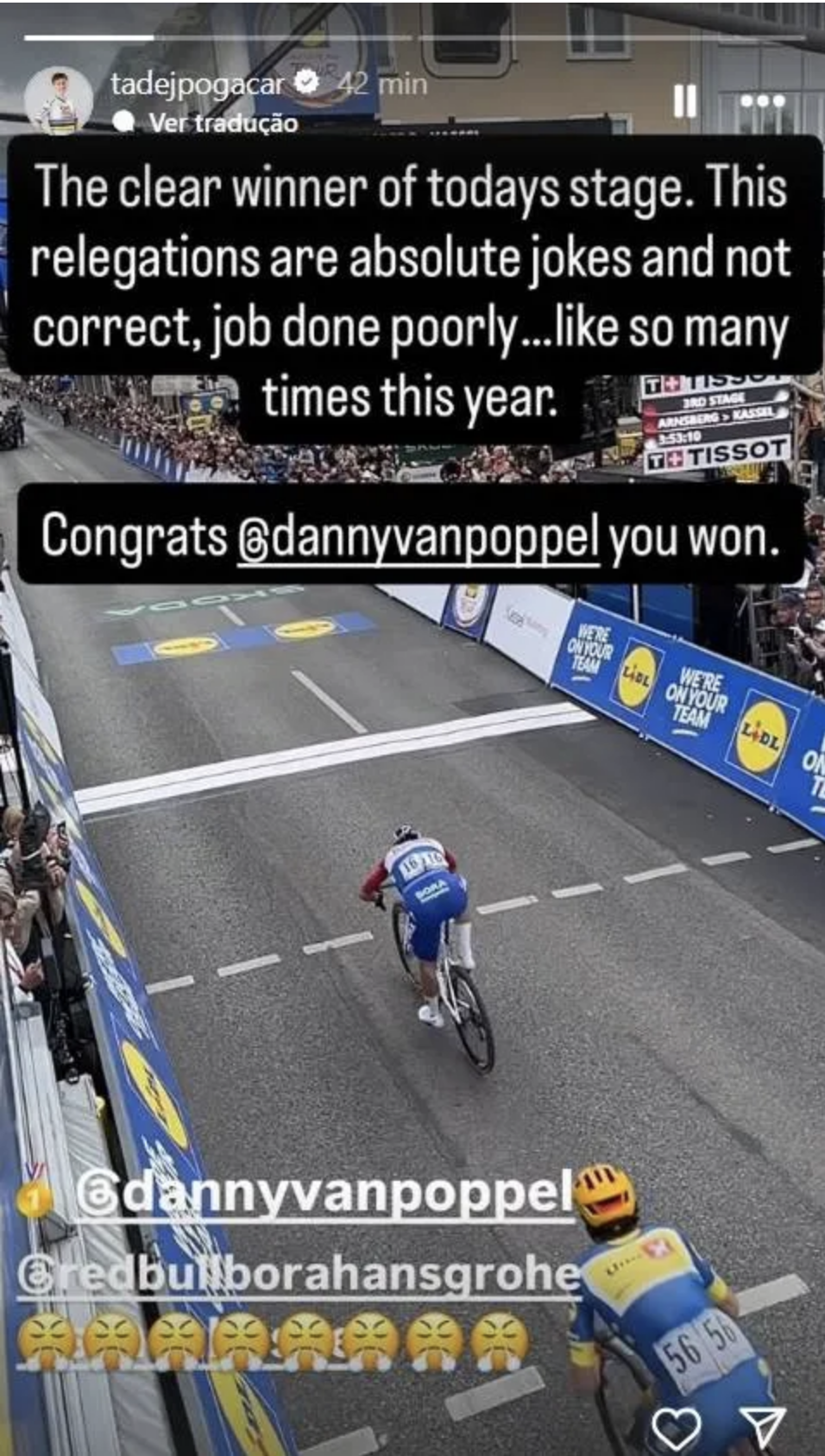 Screenshot aus der Instagram-Story von Tadej Pogacar