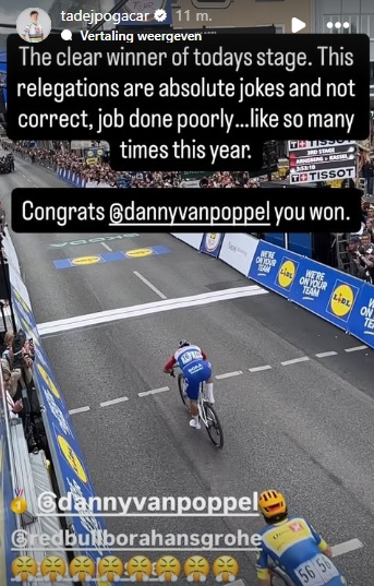 Het bericht waarin Pogacar Van Poppel feliciteert