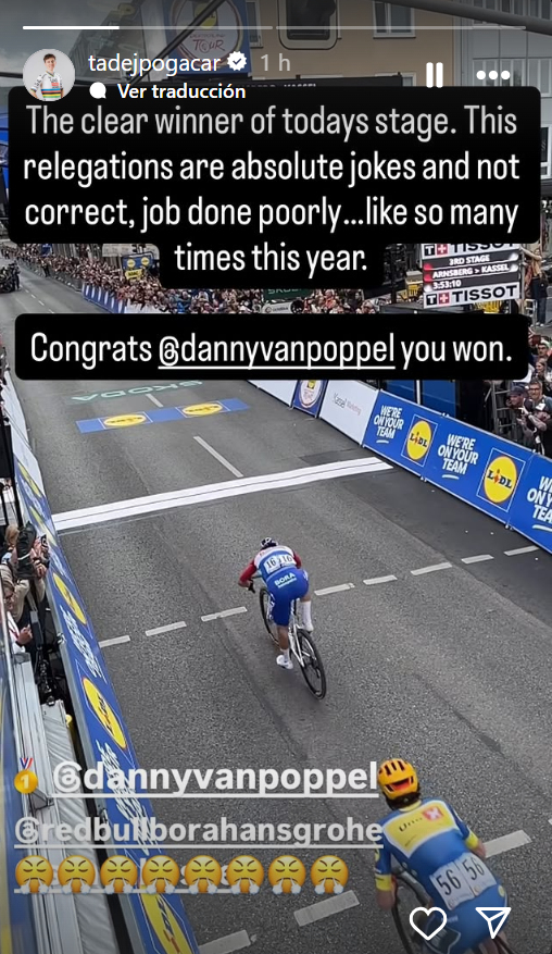 La primera historia de Pogacar en Instagram criticando la descalificación de van Poppel
