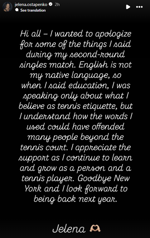 Jelena Ostapenko entschuldigt sich öffentlich bei Instagram // Screenshot: instagram.com/jelena.ostapenko