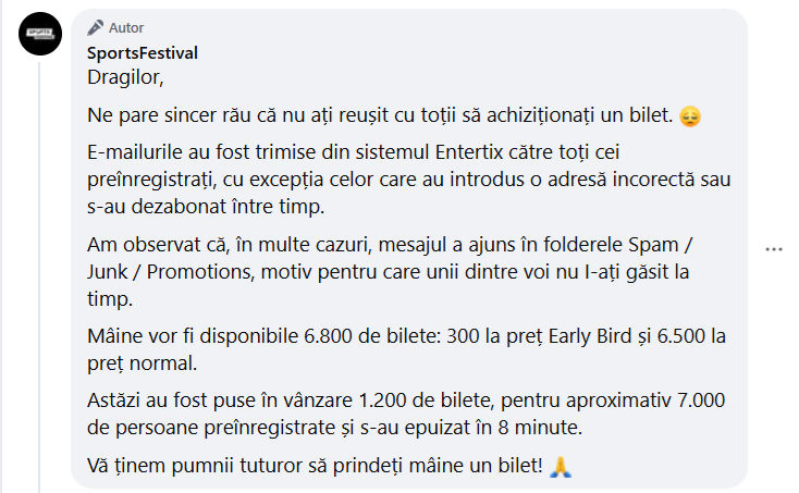 Comentariul lăsat de Sports Festival