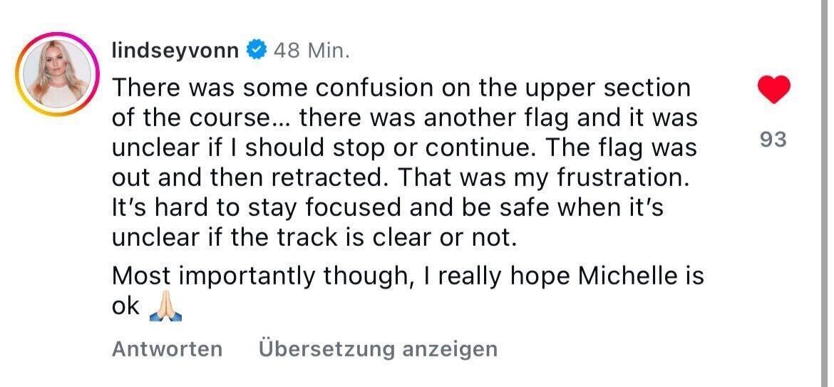 Lindsey Vonn nahm auf Instragram persönlich Stellung zu ihrem abgebrochenen Trainingslauf.