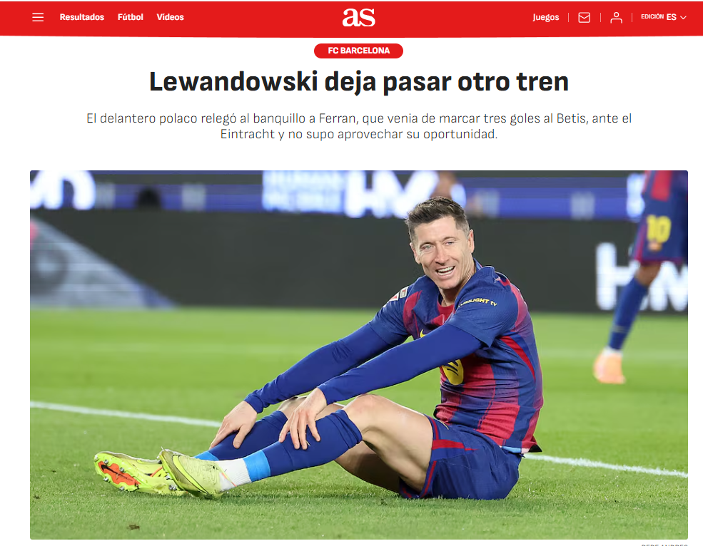 "AS" wziął pod lupę występ Lewandowskiego z Eintrachtem
