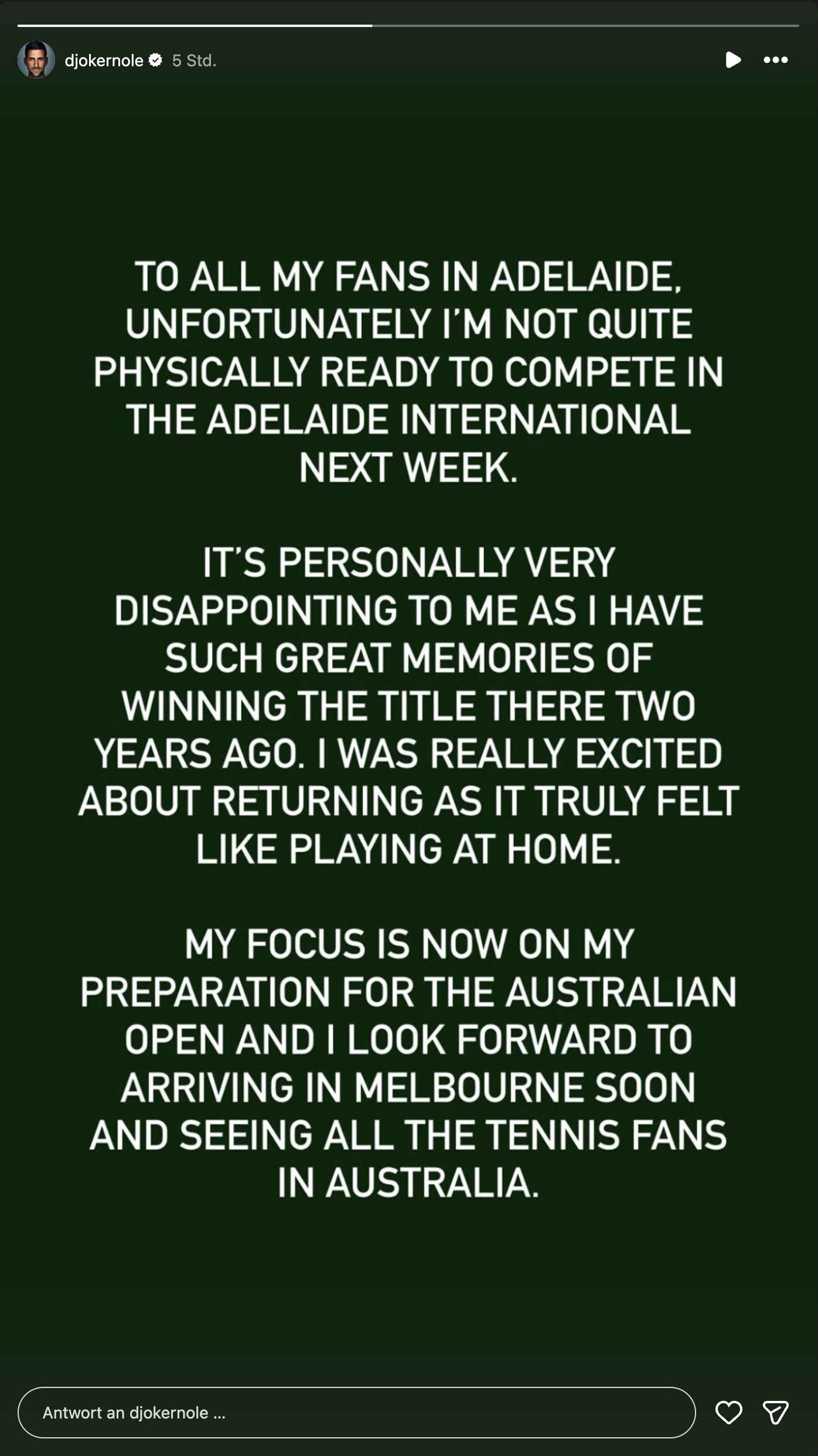 Novak Djokovic erklärt Absage in Adelaide via Instagram-Story