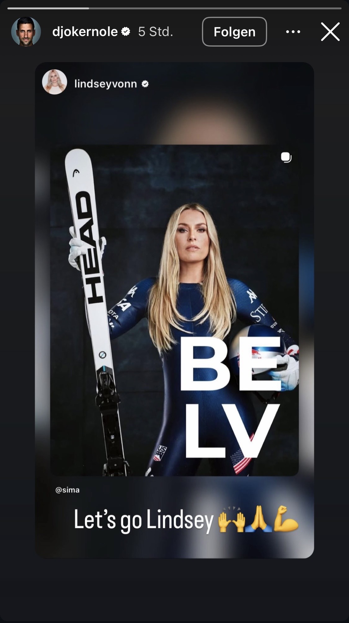 Auch Tennis-Star Novak Djokovic feuert Lindsey Vonn an