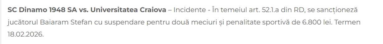 Decizia luată de Comisia de Disciplină