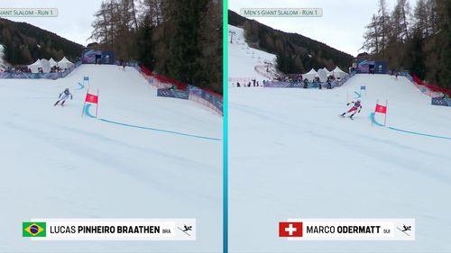 Rywalizacja Odermatta z Braathenem w 1. serii giganta na IO Mediolan-Cortina 2026