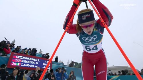22-jarige Maren Kirkeeide verslaat Franse favorieten na zinderend slot - wint goud op sprint biatlon