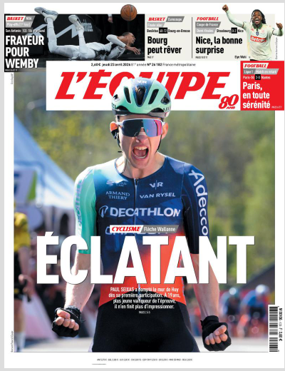 Screenshot: Paul Seixas auf dem Cover der französischen Sport-Zeitung L'Équipe nach seinem Sieg beim Wallonischen Pfeil 2026