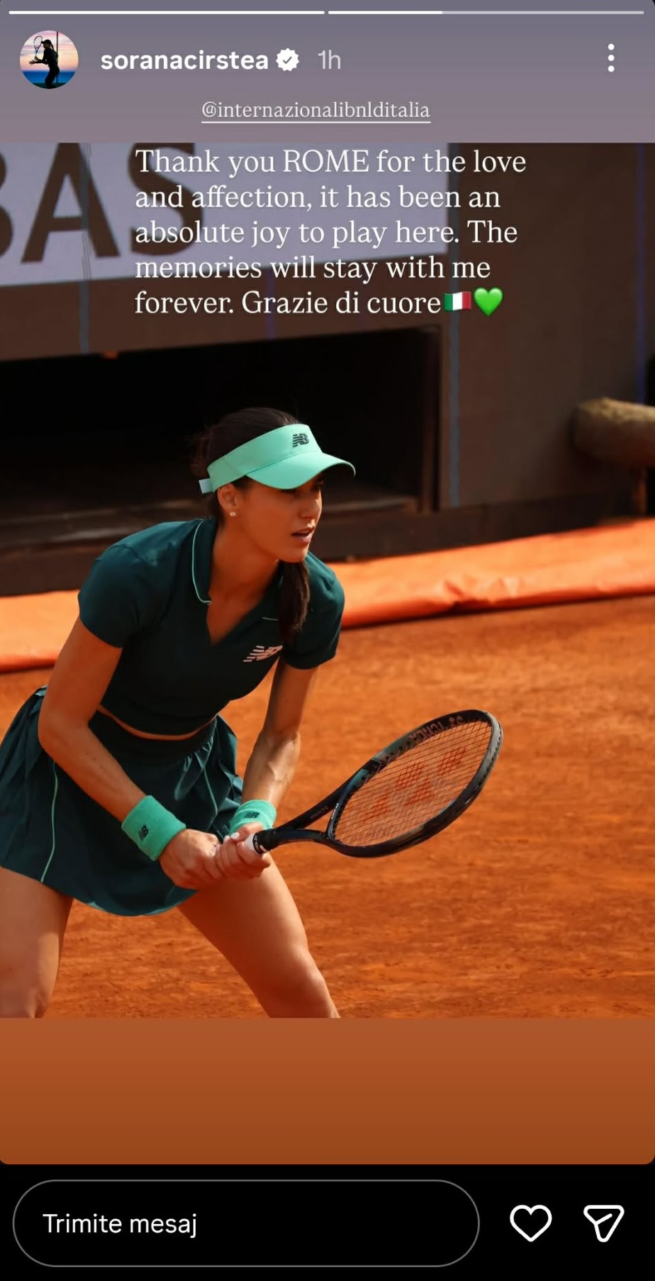 Sorana Cîrstea, mesaj pe Instagram după turneul de la Roma.