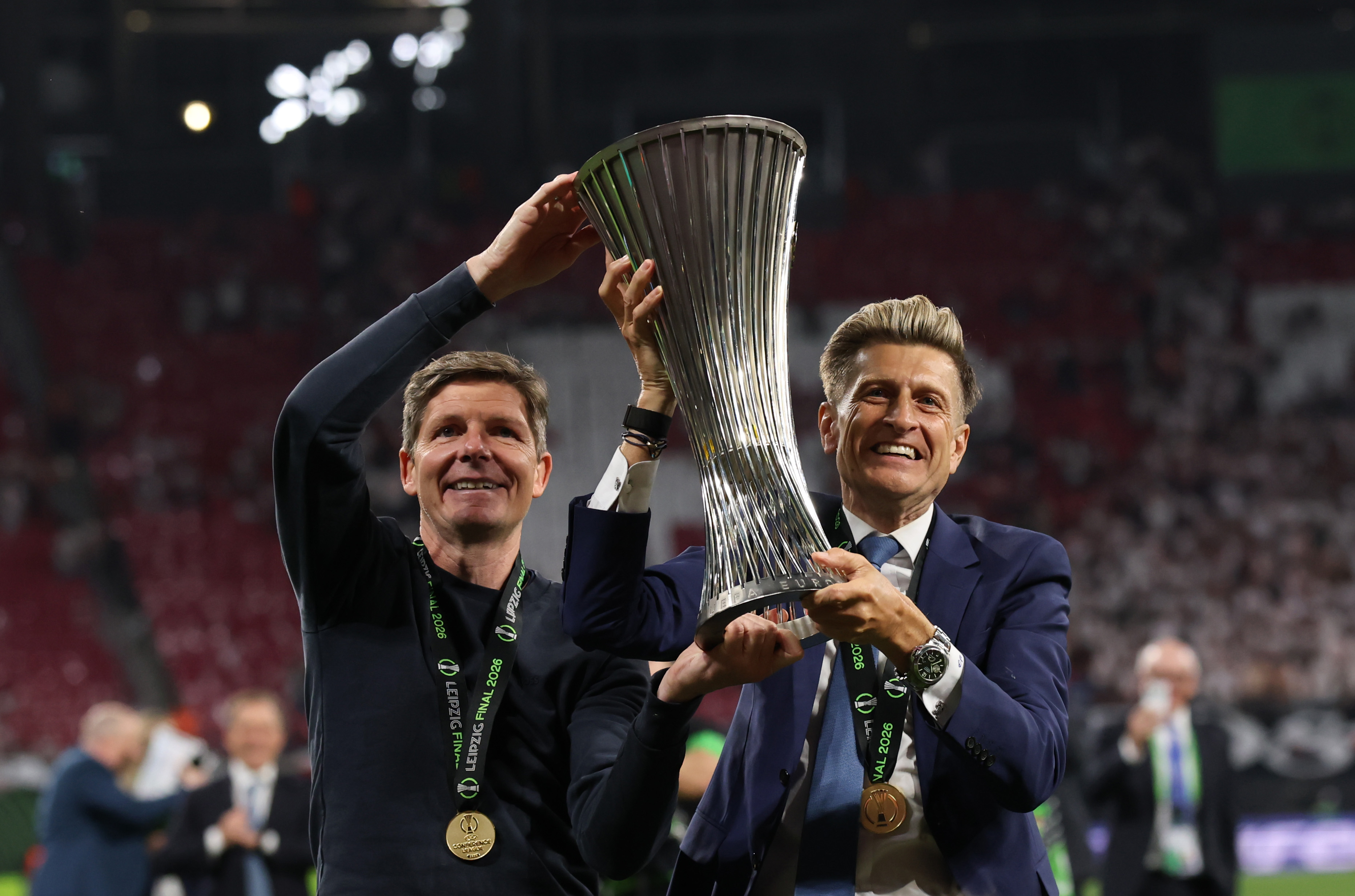 Oliver Glasner and Steve Parish celebrate