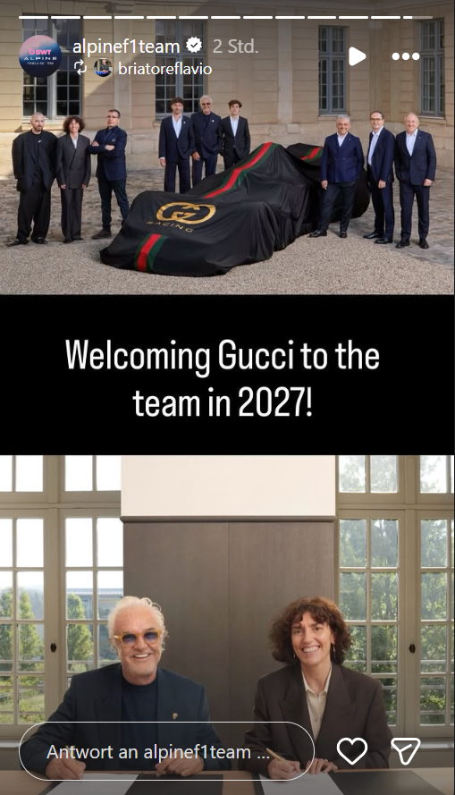 Alpine gibt bei Instagram die Zusammenarbeit mit Gucci bekannt / Instagram @alpinef1team