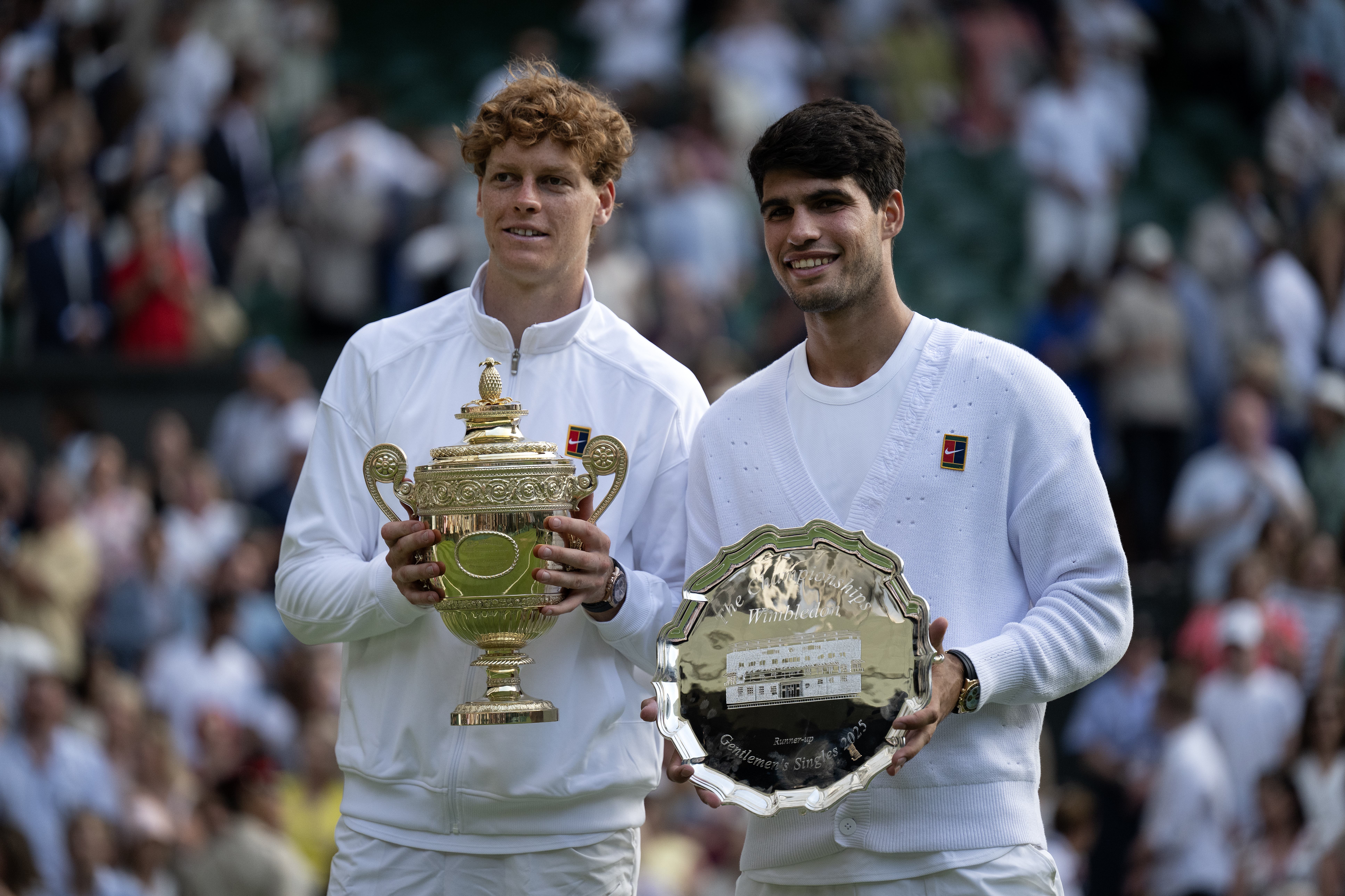 Jannik Sinner and Carlos Alcaraz after the Wimbledon 2025 final.