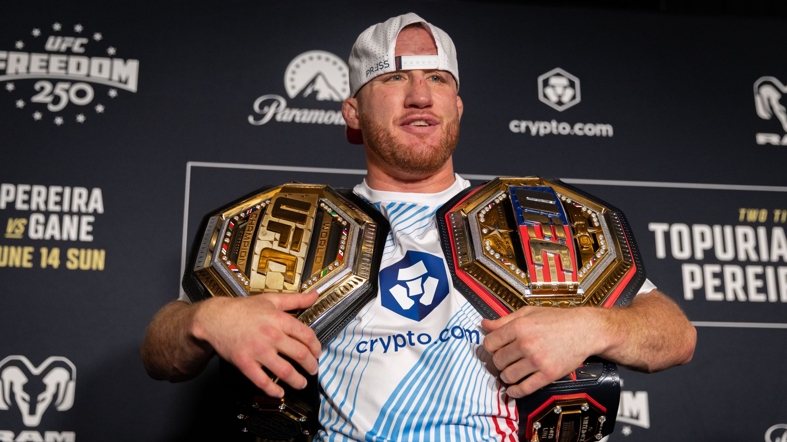 Justin Gaethje holds two UFC lightweight championship belts after his June 2026 victory
