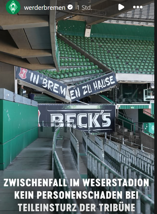 Bei Modernisierungsarbeiten ist eine Tribüne im Weserstadion eingestürzt / Instagram @werderbremen