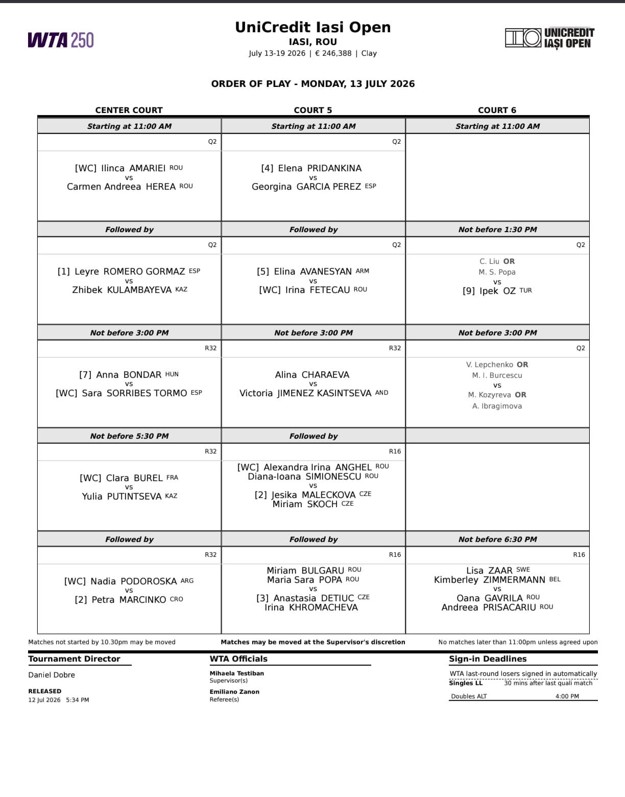 Programul zilei de luni la Iași Open