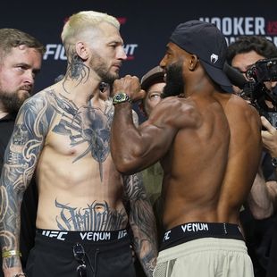 Dan Hooker and Salahdine Parnasse facing off during UFC Paris 2026 weigh-ins